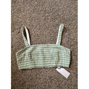 WAYF Womens Green/White Squared Smocked Back Zipper Cropped Tank Size Medium